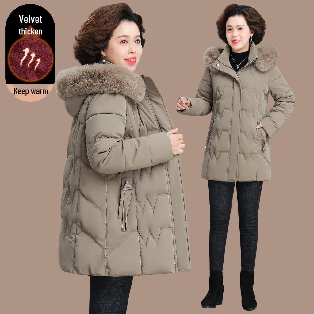 2025 Women's Stylish Hooded Mid-Length Winter Coat: Warm, Cotton-Padded Jacket for Middle-Aged and Elderly