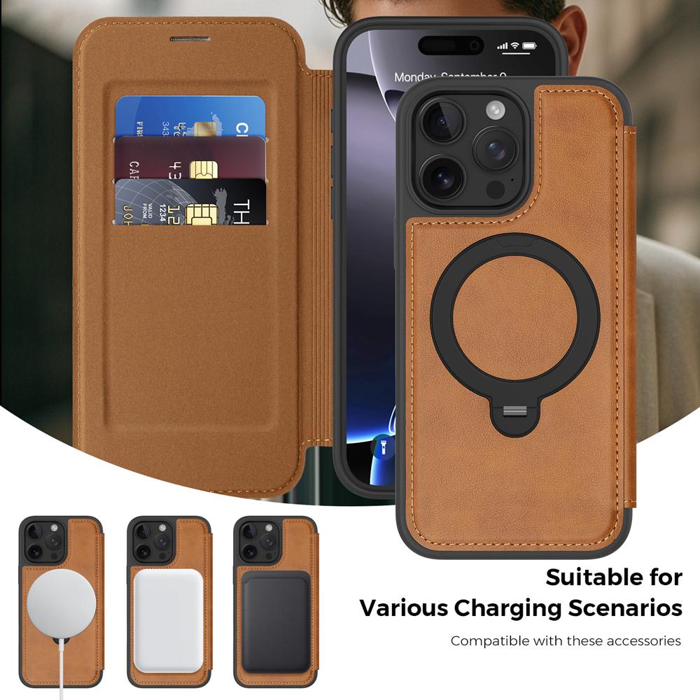 KEYSION PU Leather Flip Wallet Case for iPhone 11 12 13 14 Pro Max 14 Plus Cards Slots Magnetic 360 Ring Stand Phone Back Cover
