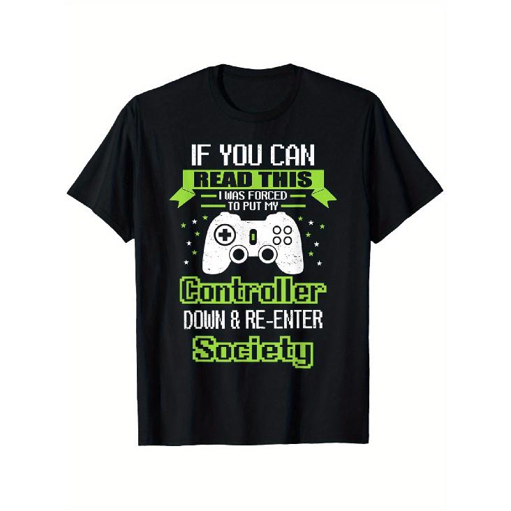 Men s Funny Gaming Graphic T-Shirt - Put Controller & Re-Enter Society Design, Comfortable Cotton Short Sleeve, Black with Green Lettering, S-XXXL, S чёрный