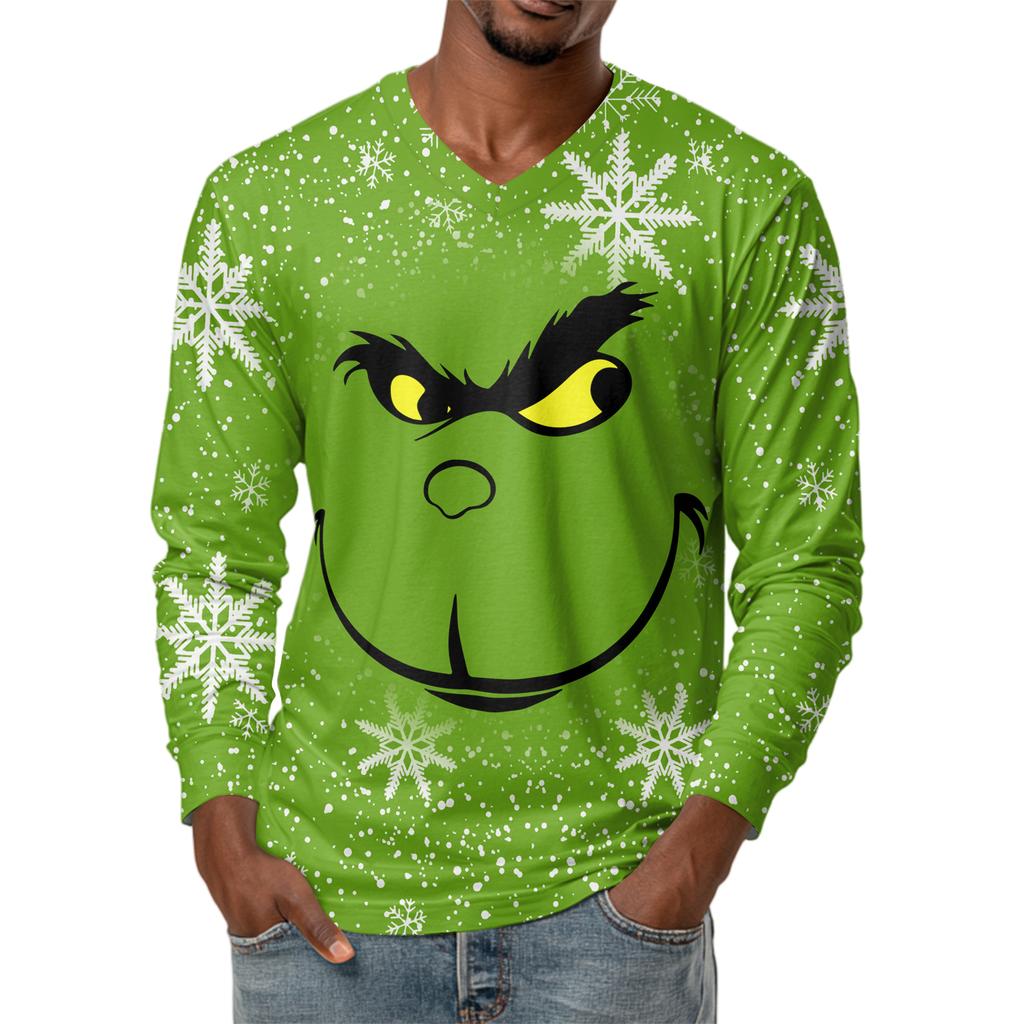 Men's Fashion Printed V-Neck Casual Long-Sleeved T-Shirt Bottoming Shirt Top