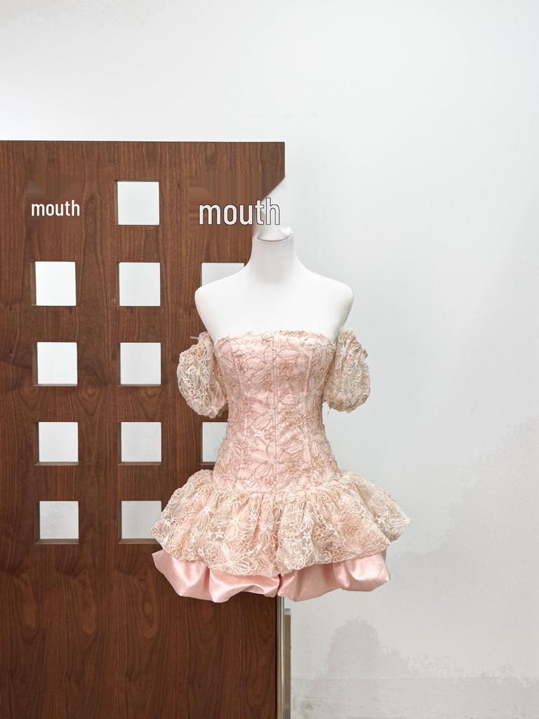 Vietnamese Cherry Blossom Pink Lace Strapless Princess Dress - Adult Birthday Gift