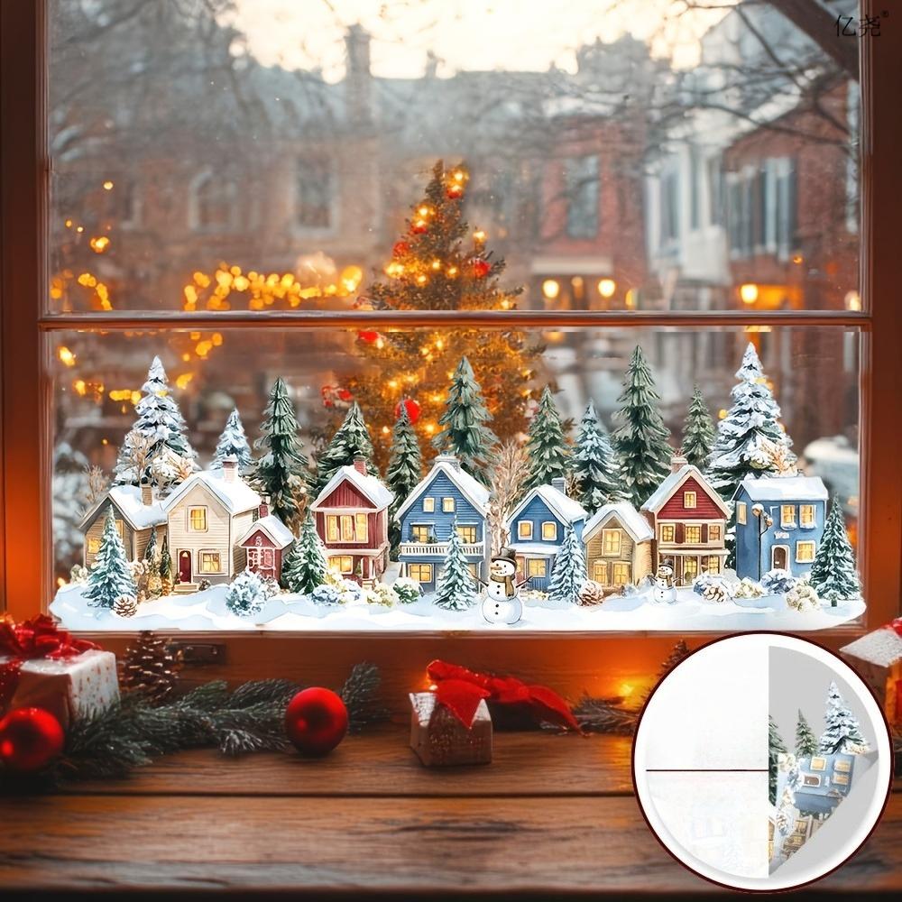 1pc 1D Flat Static Window Clings Featuring Winter Snow Houses, Pine Trees, Snowmen, And Snowflakes, Glueless Static Adhesion