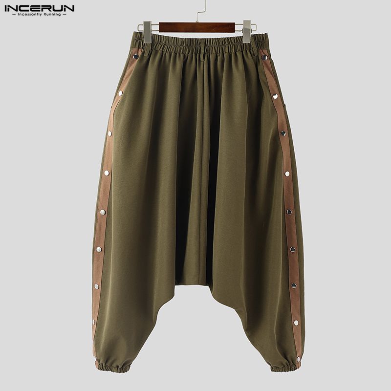 INCERUN Men Elastic Waist Casual Long Drop-crotch Pants Side Rivet Trousers