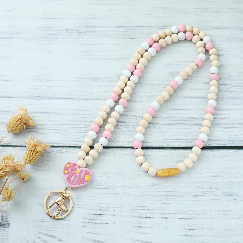Heart Tassel Silicone & Wooden Bead Keychain Lanyard Necklace