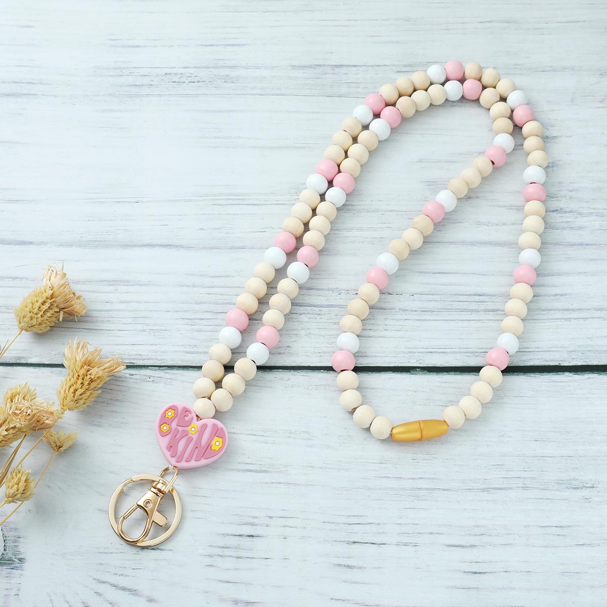 Heart Tassel Silicone & Wooden Bead Keychain Lanyard Necklace