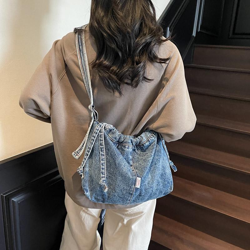 Vintage Denim Schultertasche Damen Kordelzug Bucket Bag Pendler Crossbody Bag