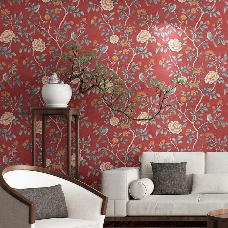 Chinese Style Floral Wallpaper Classical Pastoral Flowers Birds Wall Paper Red Yellow Blue Chinoiserie Retro Girls Bedroom