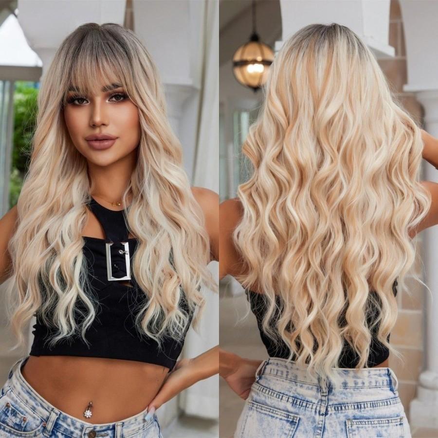 Platinum 613 Blonde Wig Long Wavy Synthetic Wig with Bangs Curly Mixed Golden for Women Cosplay Party Daily Use Heat Resistant