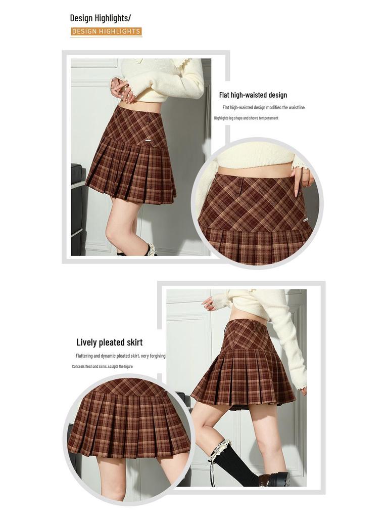 2025 College-Style Retro Pleated Wool Blend High-Waisted Midi Skirt - Slim and Visually Elongating