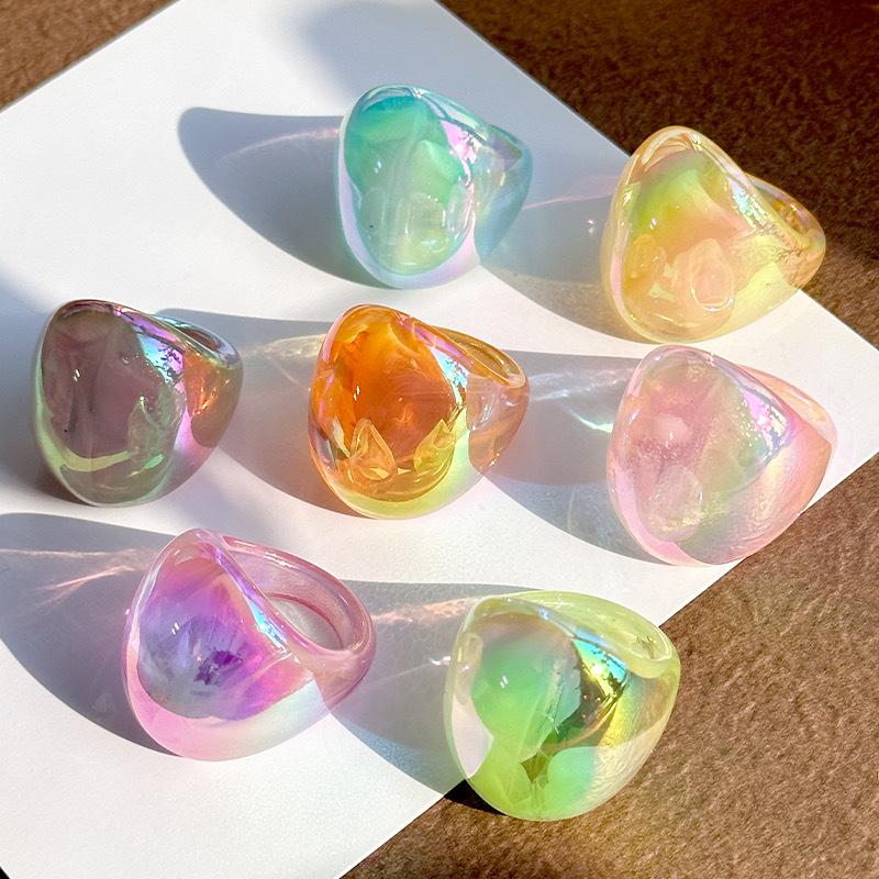 Sweet Korean Resin Shiny Glossy Geometric Gradient Colorful Wide Large Finger Ring Women's Chunky Joint Ring Personality Jewelry