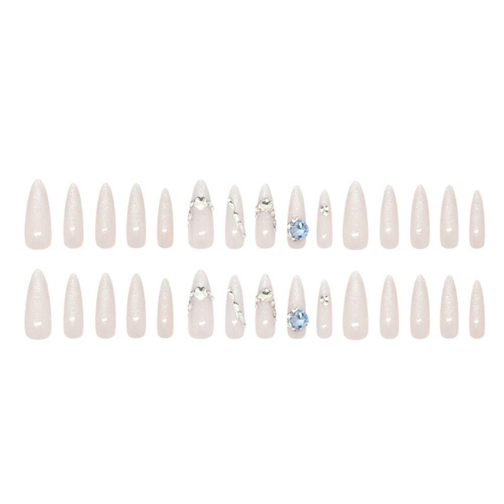 30pcs Long Almond Stiletto False Nails Shimmering Moonlight Cat Eye Rhinestone Fake Nails French Detachable French Nail Tips DIY