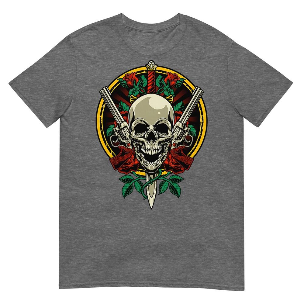 Skull Face With Roses 80s 90s Rock Music Guns And Skull Tshirt