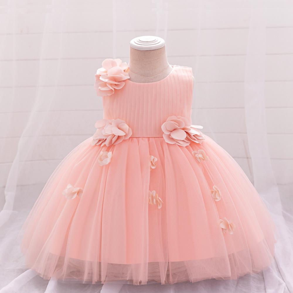 Toddler 3D Flower Girls Party Dresses Christmas Costume Red Wedding Ball Gown Tulle Bow 1st Birthday Princess Prom Girl Clothing