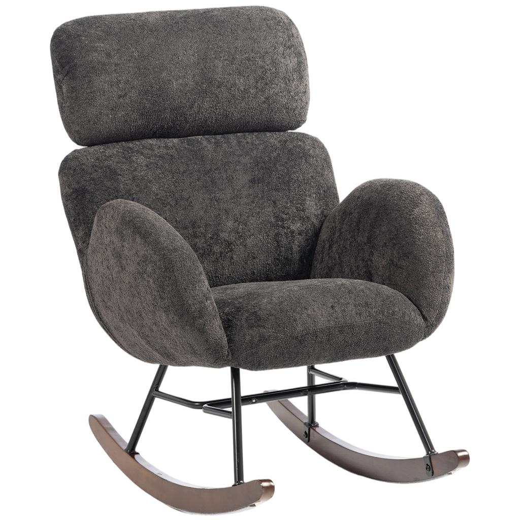 Upholstered Rocking Chair with Adjustable Headrest, Velour in Raindrop Look, Frame Made of Rubberwood, Dark Gray