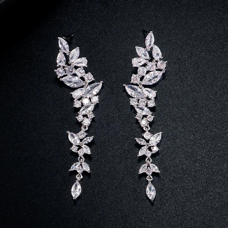 ZAKOL Exquisite White Gold Color Leaf Long Dangle Earrings for Women Fashion Cubic Zironia Bridal Earring Wedding Jewelry