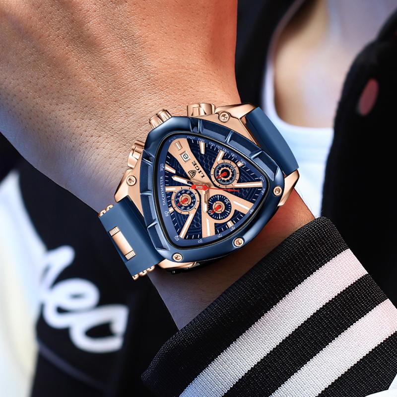 LIGE Sport Dreieck Herrenuhren Leuchtzeiger Mode Gummiarmband Militärische Unregelmäßige Quarz-Armbanduhr Wasserdichte Uhr