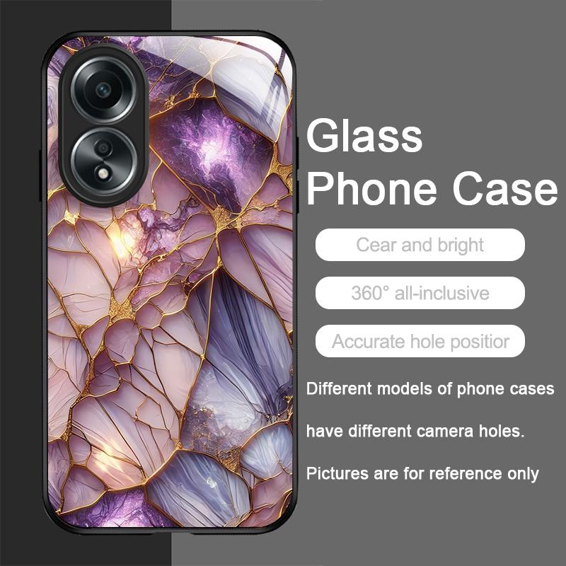 Stylish Purple-Crystal Marble Texture Tempered Glass Phone Case for OPPO Realme 13 Pro Plus 12 11 10 C55 X7 GT Neo 2 3T 5G Cover