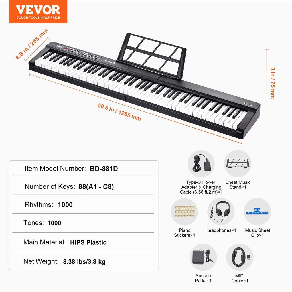 88 Key Digital Piano Keyboard Semi Weighted Full Size Electric Portable