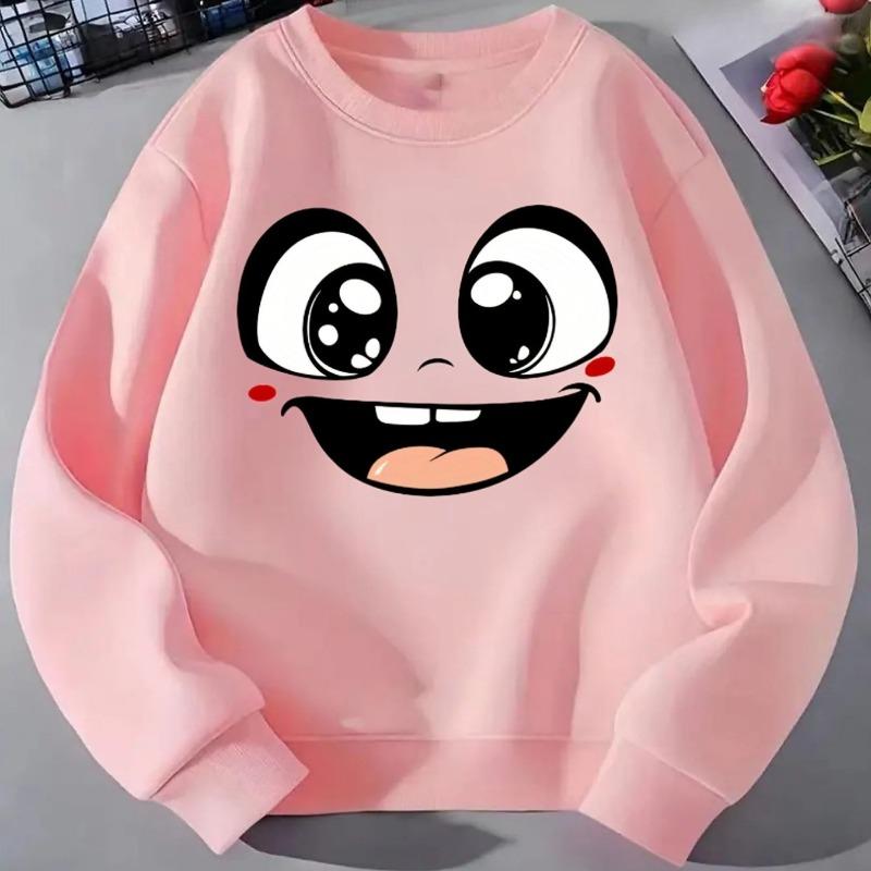 Kids Crewneck Sweatshirt, Cute Big‑Eyes Smiling Cartoon Face Print, Kids Long Sleeve Top, Casual Multi‑Color Options for Fall Winter