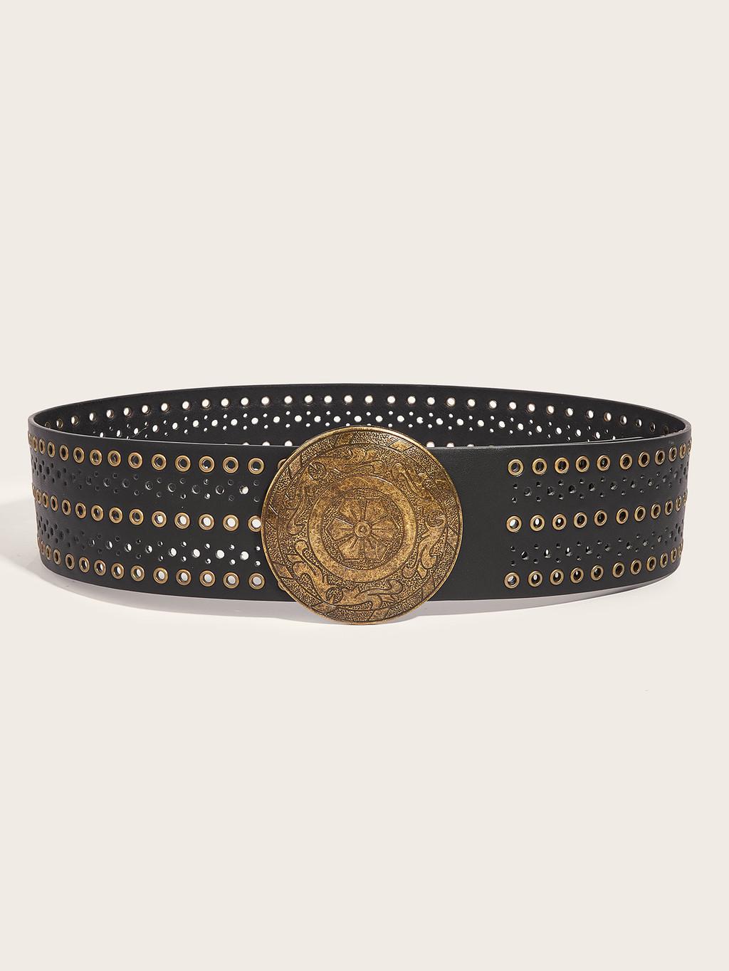 Retro Street Style Pu Leather Wide Belt With Metal Buckle And Studded Design For Women чёрный