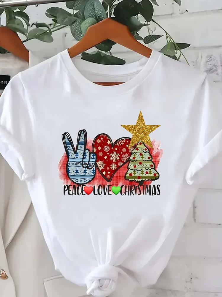 (Asian Size) Watercolor Cute 90s Short Sleeve T-shirts  Print Merry Christmas O-neck Women's Top New Year T Clothing Fashion Holiday Graphic Tee