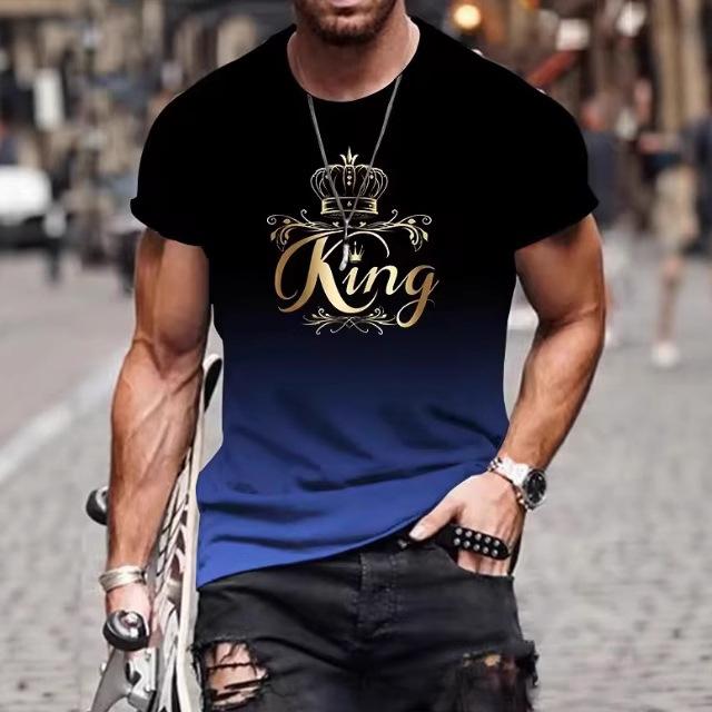 

Summer Round Neck 3D Gradient Letter King Print Top Fashionable Casual Short Sleeved Men s T-shirts XS