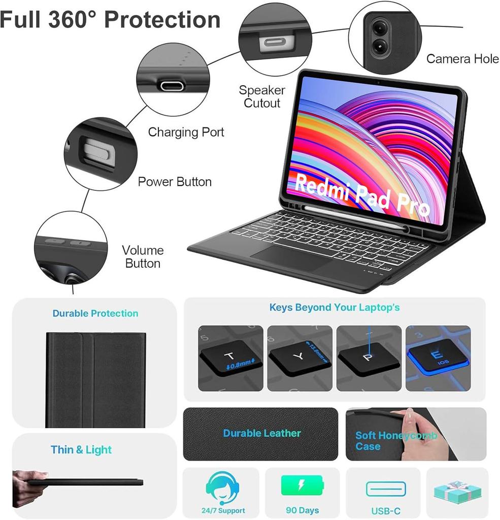 Keyboard Case for Redmi Pad Pro 12.1 lnch,For POCO Pad 12.1-lnch Tablet Case with Detachable Wireless Bluetooth Keyboard