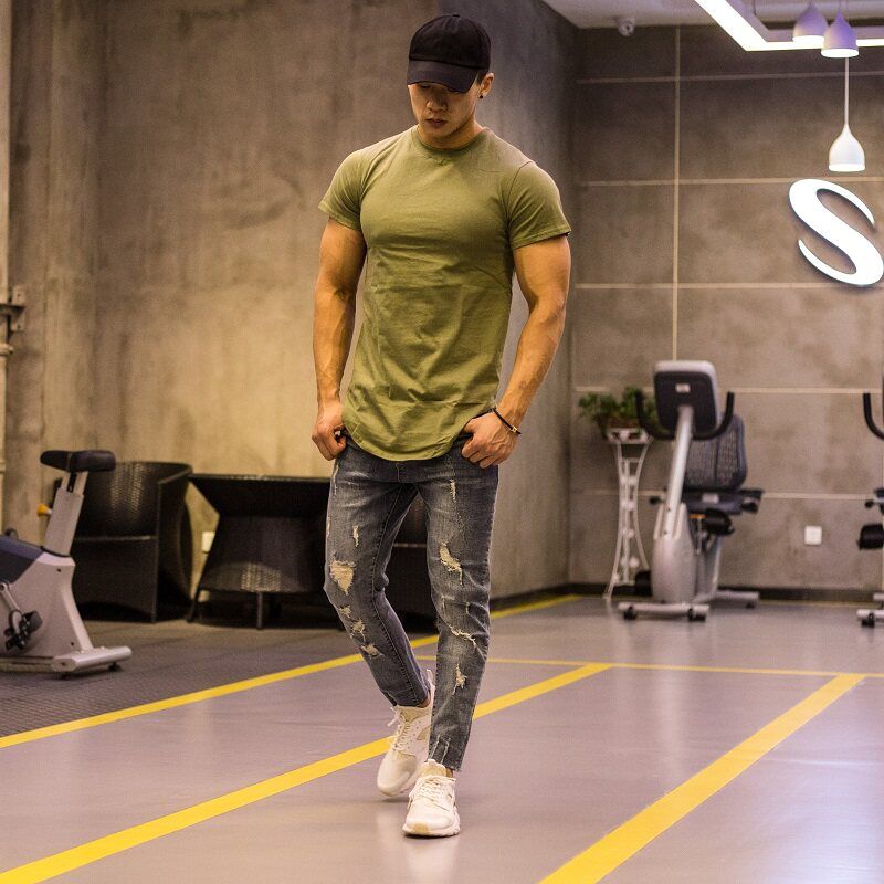 High Street European and American Men's Muscle below the Hip Brother Short Sleeve T-shirt