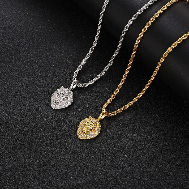 Solid Lion Head Pendant Necklace With Zircon Stones Hip Hop Unisex Jewelry Gold White