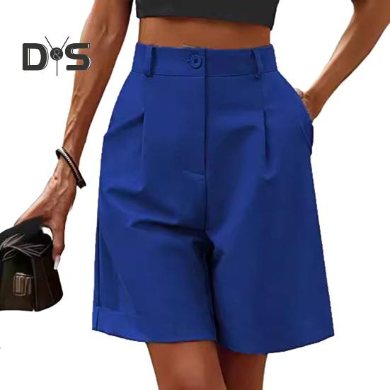 

Женские летние шорты с высокой талией, свободный крой, длиной до колена, широкие шорты с карманами, повседневные, деловые, рабочие шорты M синий