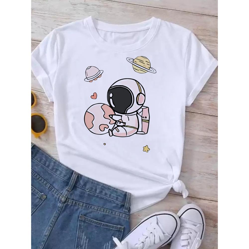 Maycaur T-shirt Dames Maan Planeet Print Mode T-shirts Casual Ronde Hals Korte Mouw Streetwear Dames T-shirt Vintage Tops