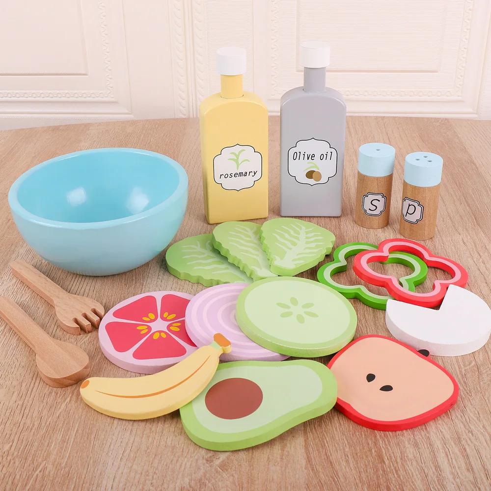 Non-Toxic Kitchen Toy High Quality Pretend Play Kids Simulation Wooden Food Salad Set Creative Wooden Fruit Toy Early Education Play House