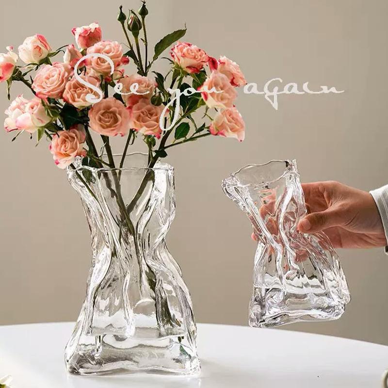 Modern Glass Flower Vase Wrinkled Flower Bottle Hydroponic Plants Pot Table Decorative Vase Home Office Desktop Decoration