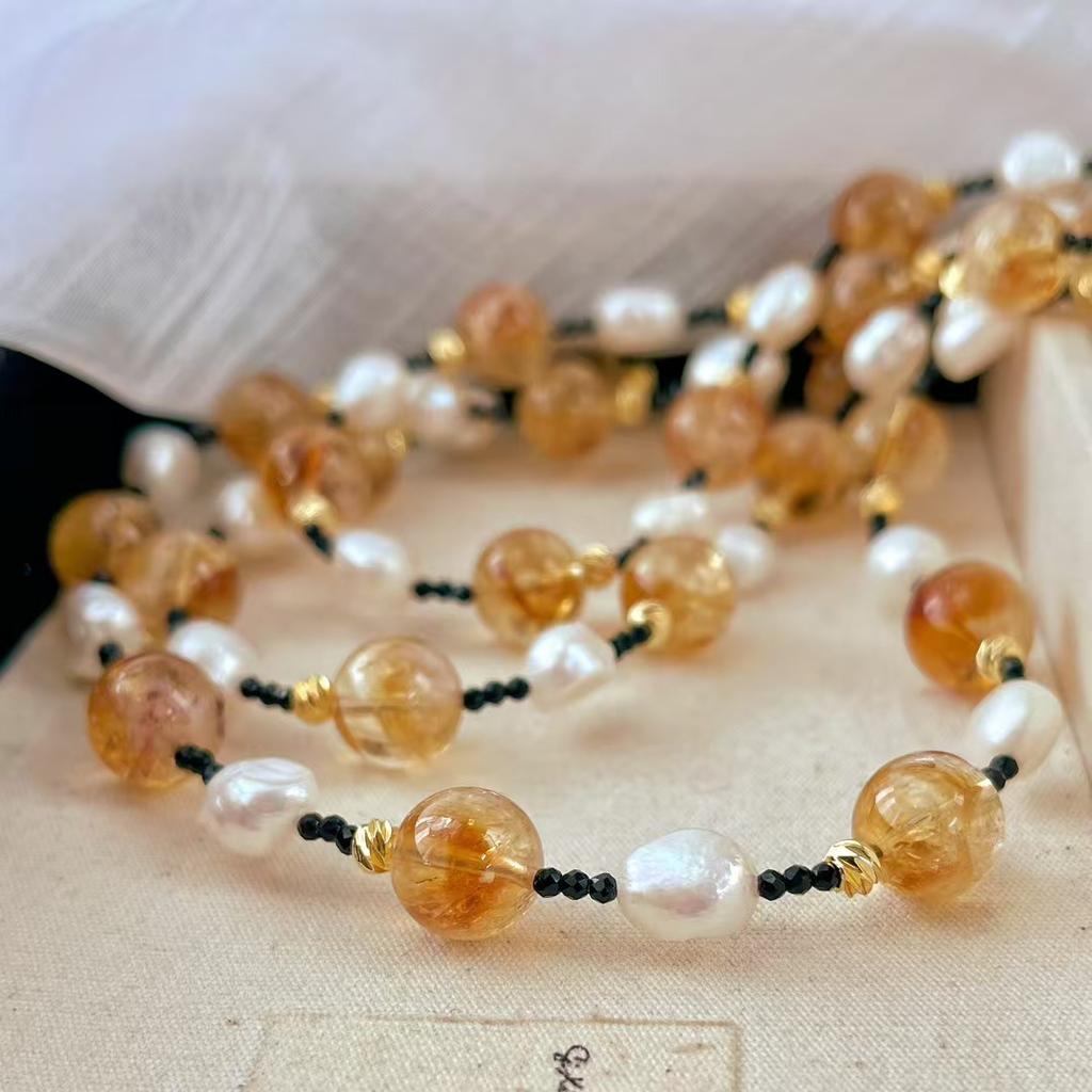 Vintage High Quality Natural Freshwater Pearl Citrine Contrasting Color Design Necklace Collarbone Chain