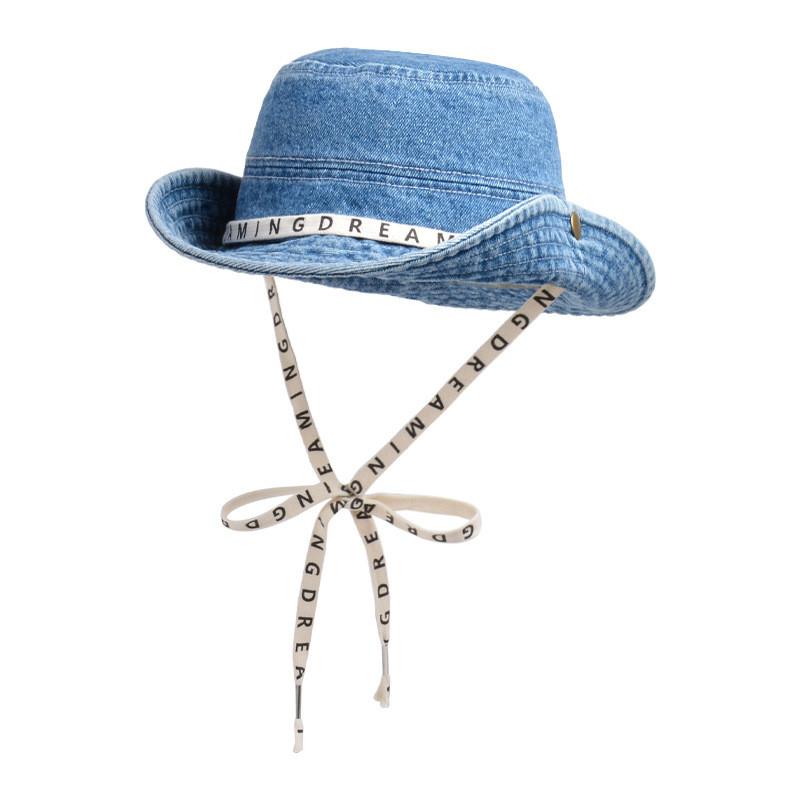Summer Fashion Letter Strap Wide Brim Denim Fisherman Hat With Sun Protection For Women