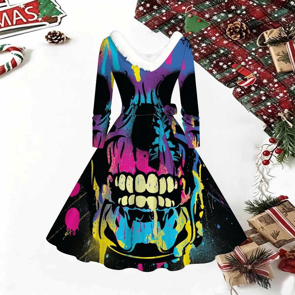 Women Halloween Pumpkin Print Midi Dress, Long Sleeve V‑Neck Furry Trim A‑Line Party Dress, Christmas Limited Edition