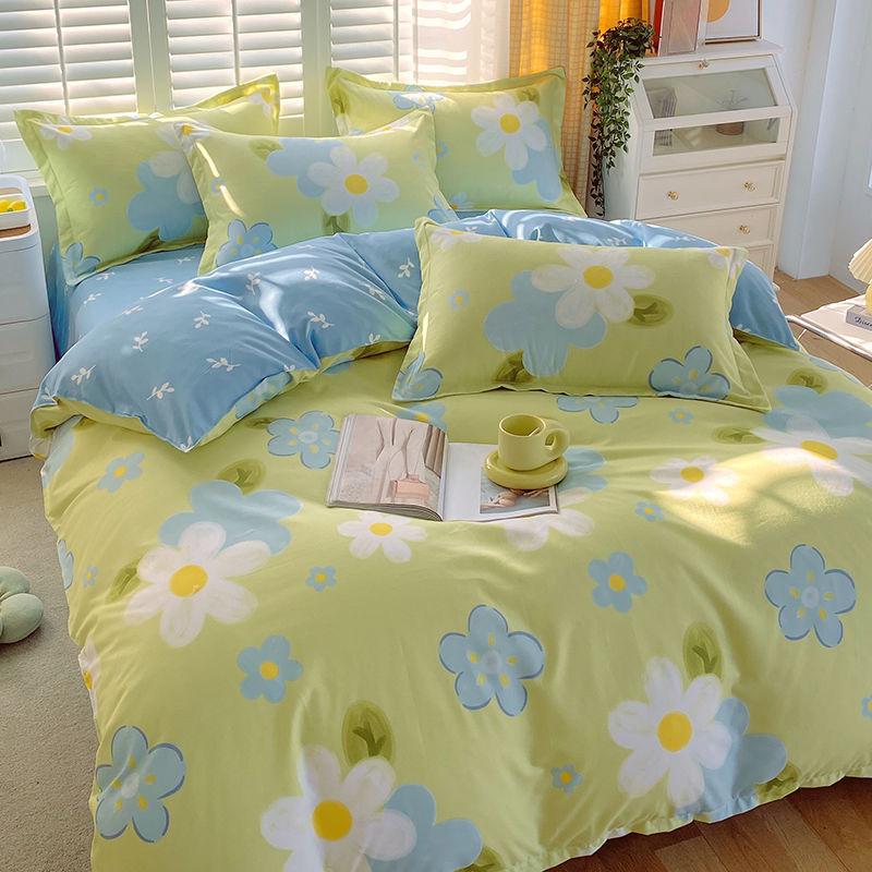 Vierteiliges Bettwäsche-Set, Bettwäsche, Gewaschene Baumwolle Sandgestrahlt Verdickter Bettbezug, Stepplaken, Studentenwohnheim Einzelbettbezug Dreiteiliges Set