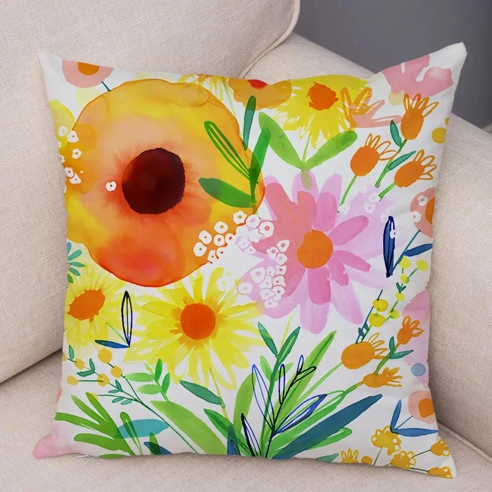 Watercolor Flower Leave Pillow Case Decor Colorful Plant Floal Cushion Cover for Sofa Home Car Soft Plush Pillowcase