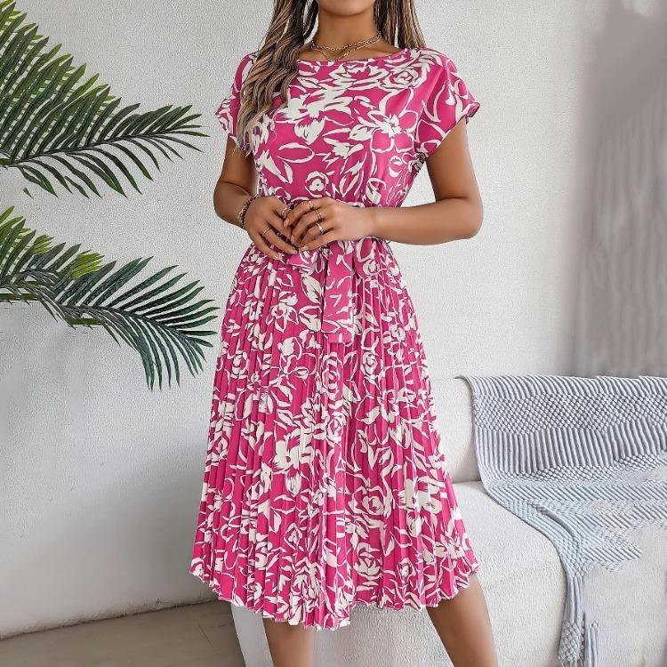 Women High Waist A Line Floral Pleated Long Dress Short Sleeve Spring Summer