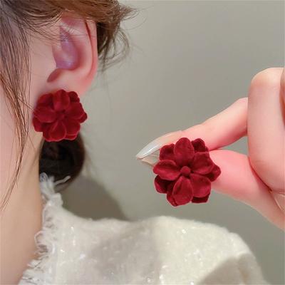 Herbst/Winter, Vintage-Mode, schlicht, süß, weinrot, Samt, Rose, Blume, Ohrstecker für Frauen, eleganter Schmuck, tägliches Zubehör