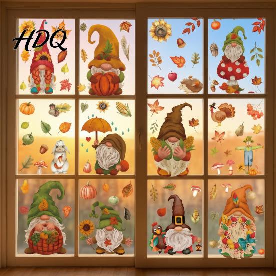 Office Glass Partition Decorations 9Pcs Fall Gnome Static Window Clings Thanksgiving Maple Leaf Turkey Pumpkin Autumn Decals PVC Stickers,