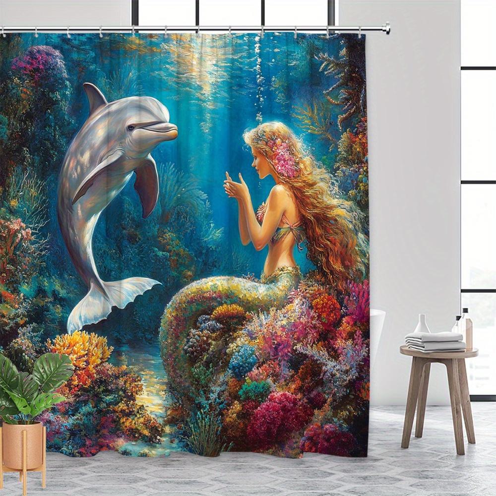 Mermaid & Dolphin Shower Curtain - Vibrant Coral Reef, Ethereal Ocean Scene, Graceful Mermaid & Playful Dolphin,