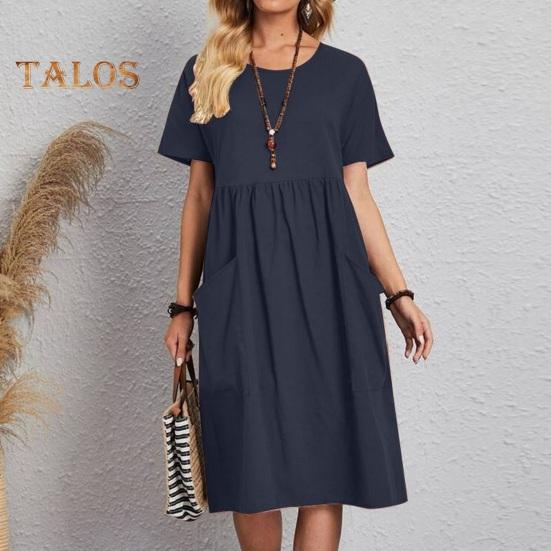 Women's Cotton Linen Summer Dress Round Neck Short Sleeve Midi Dress Loose Casual Beach Vacation Flowy Dress with Pockets