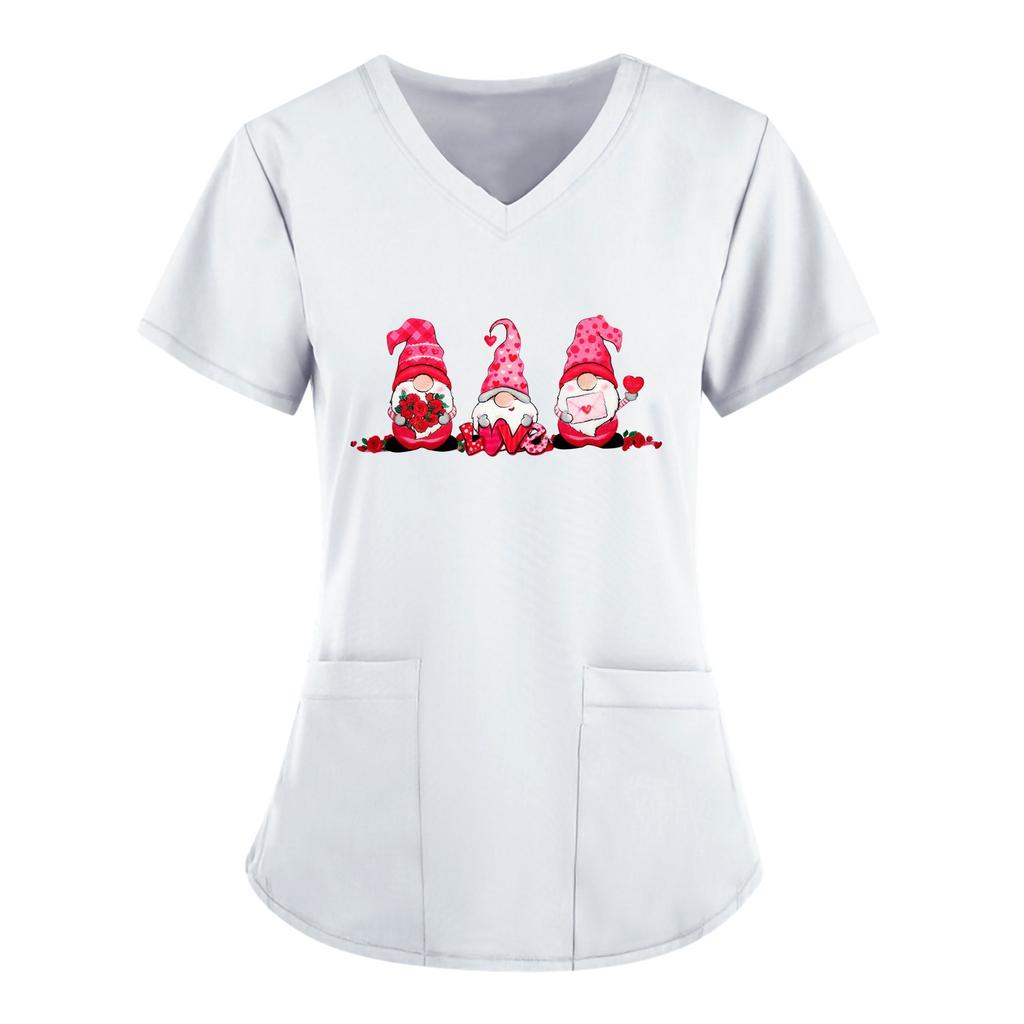 Women's New Cute Valentine's Day Love Pocket V-neck Short Sleeve Loose Top