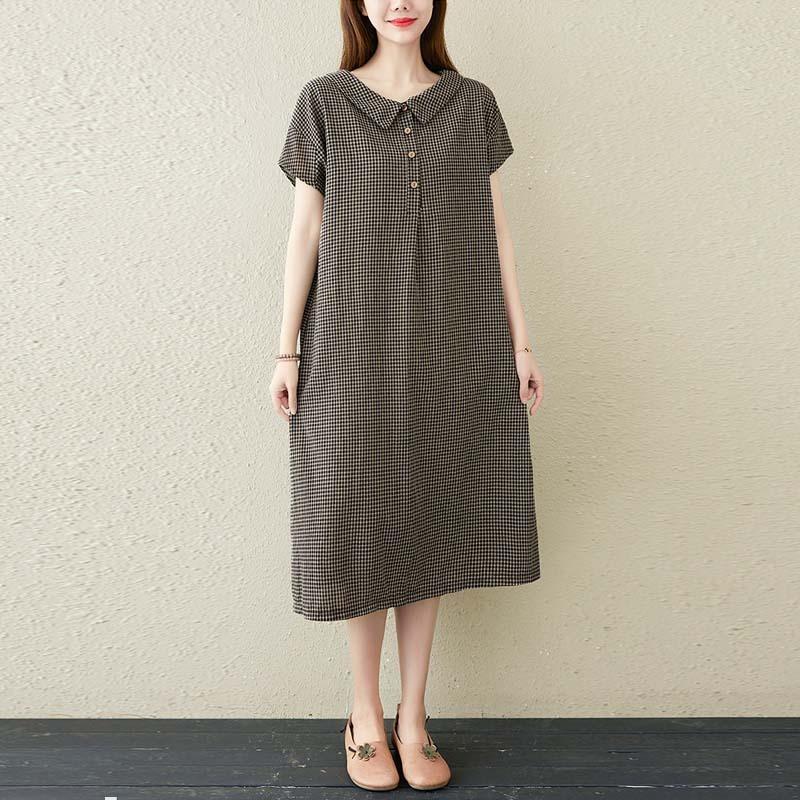 Real Shot Summer New Literary Loose Cotton and Linen Plaid Short-sleeved Dress Women's Shirt Skirt