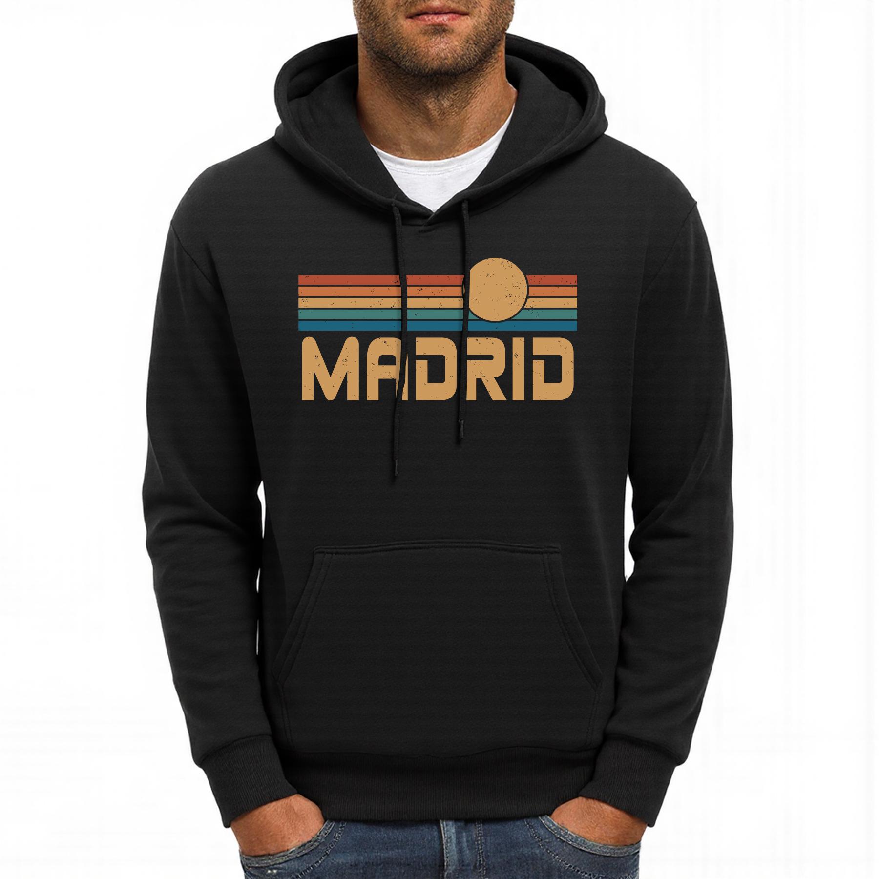 

Madrid Spain Colorful Stripes Print Men Hoodie Autumn Casual Hoody Fleece Comfortable Hoodies Loose Multicolor Pullovers 3XL