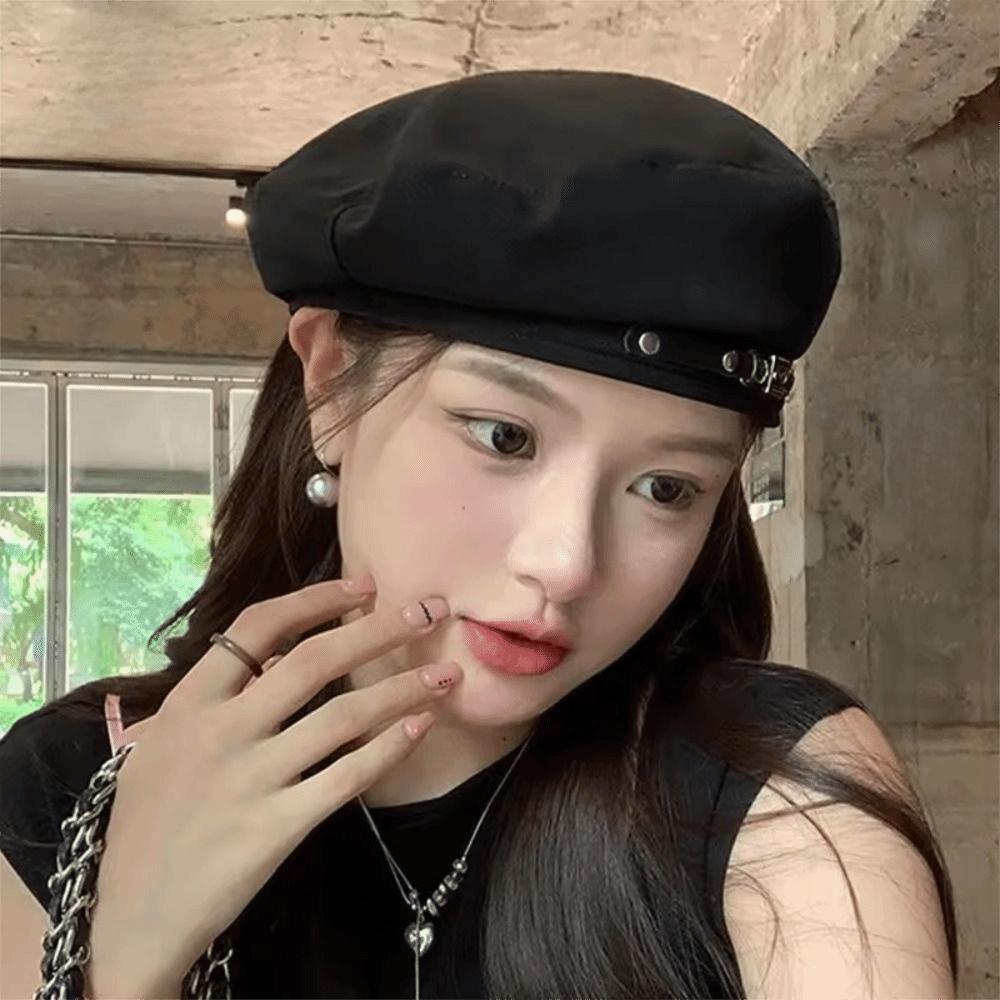Korean Style Vintage Beret Hat Big Head Circumference Painter Cap Metal Buckle Octagonal Hat  Women