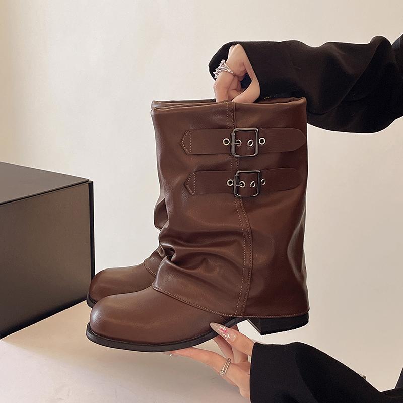 

Осенние винтажные женские ботинки-казаки на толстом каблуке с модной пряжкой-ремнем, элегантные современные полусапожки до середины икры 35