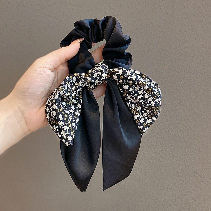 Korea Blumen Schleife Scrunchies für Frauen Satin Langes Band Pferdeschwanz Schal Mädchen Haargummis Druck Elastische Haarbänder Accessoires