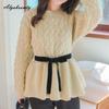 2025 Koreanischer Stil Frühling Herbst Damenpullover Kurzer O-Ausschnitt Aprikose Grau Uni Gestrickter Pullover Elegant Feminin Damenpullover mit Schärpen